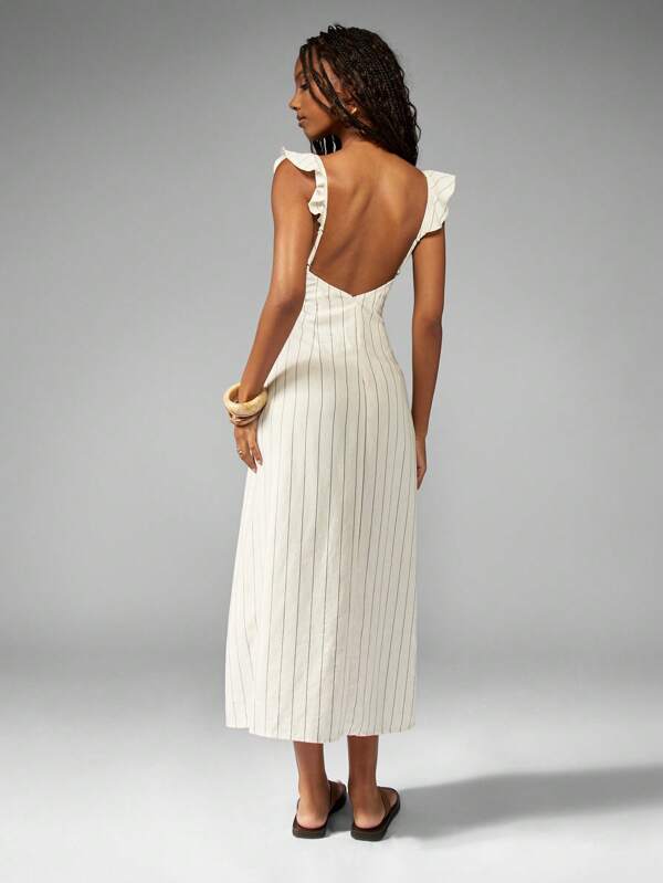 MISSGUIDED Linen Striped Ruffle Strap Side Slit Backless Long Dress