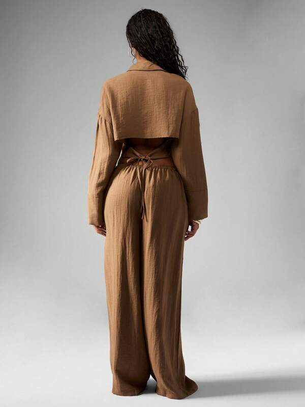 MISSGUIDED Linen Two Piece Loose Fit Crop Top Wide Leg Pants Set
