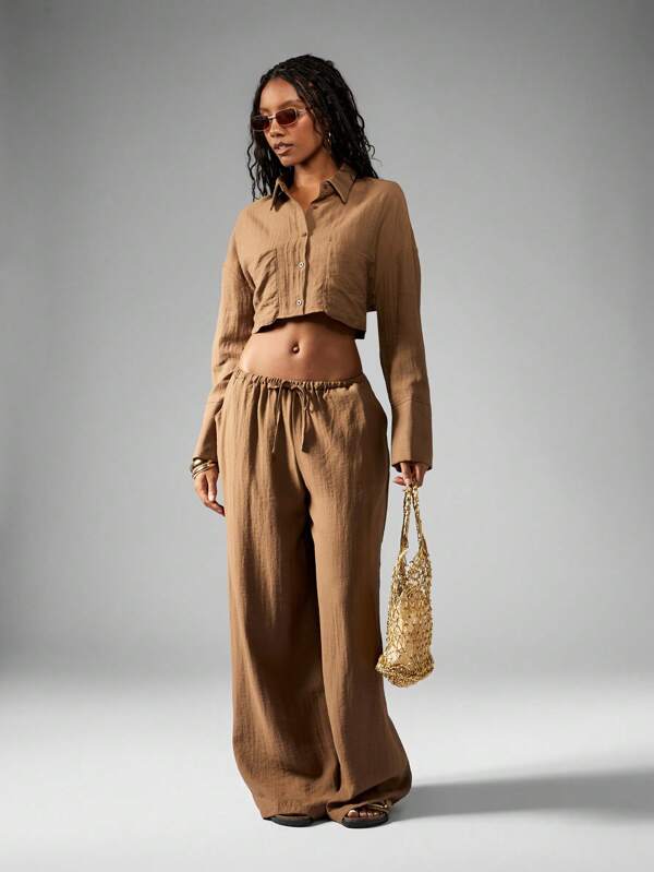 MISSGUIDED Linen Two Piece Loose Fit Crop Top Wide Leg Pants Set