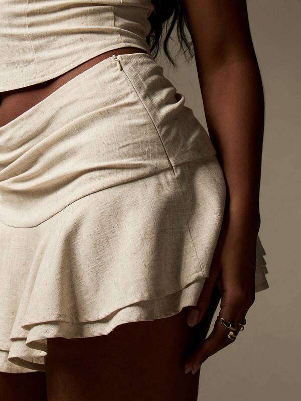 MISSGUIDED Linen Two-Piece Set With Bandeau Tie-Up Top Ruffle Mini Skirt