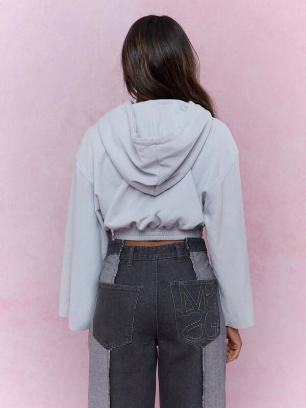 MISSGUIDED Logo Label Straigh Long Sleeves Gathered Hem Crop Hoodie