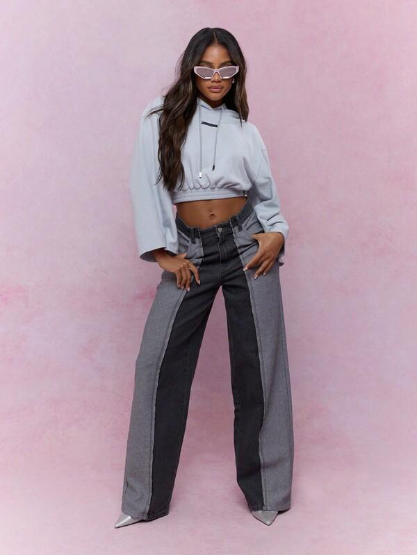MISSGUIDED Logo Label Straigh Long Sleeves Gathered Hem Crop Hoodie