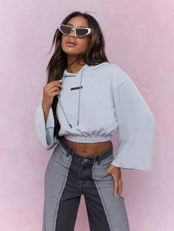 MISSGUIDED Logo Label Straigh Long Sleeves Gathered Hem Crop Hoodie