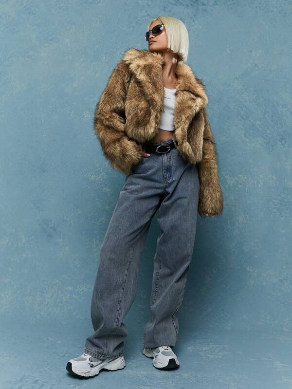 MISSGUIDED Long Collar Fluffy Crop Jacket Winter Wear
