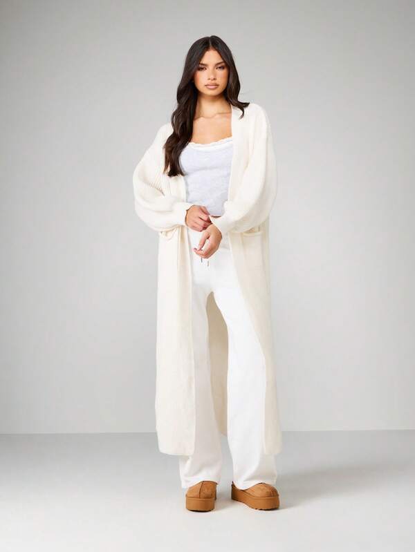MISSGUIDED Long Ribbed Knit Open Front Cardigan With Pockets