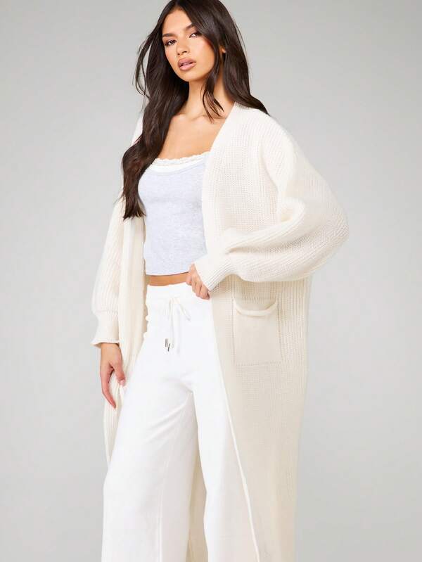 MISSGUIDED Long Ribbed Knit Open Front Cardigan With Pockets