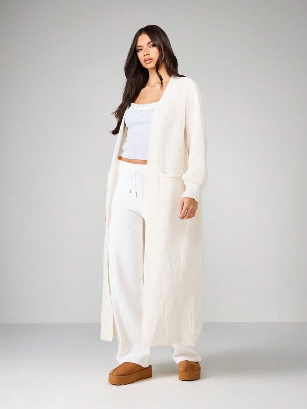 MISSGUIDED Long Ribbed Knit Open Front Cardigan With Pockets