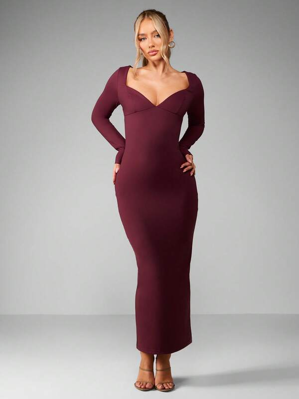 MISSGUIDED Long Sleeve Bodycon Maxi Dress With Sweetheart Neckline