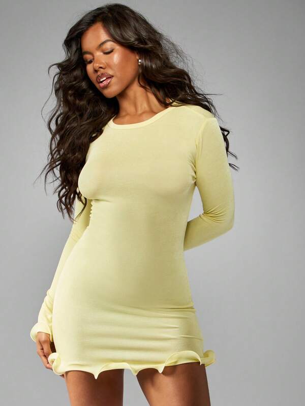 MISSGUIDED Long Sleeve Bodycon Mini Dress Ruffle Hem