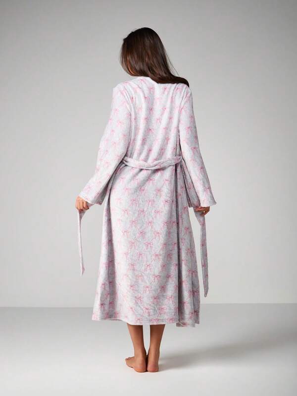 MISSGUIDED Long Sleeve Bow Print Belted Robe
