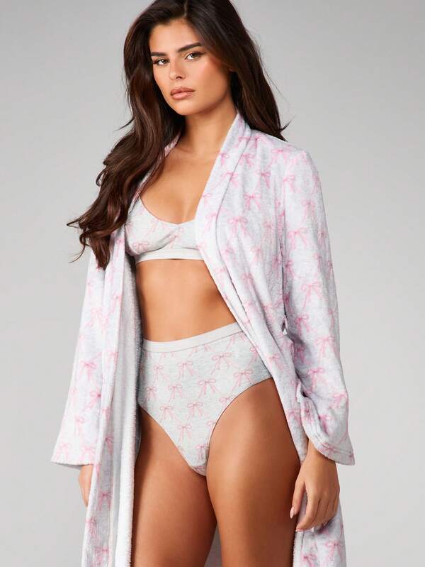 MISSGUIDED Long Sleeve Bow Print Belted Robe