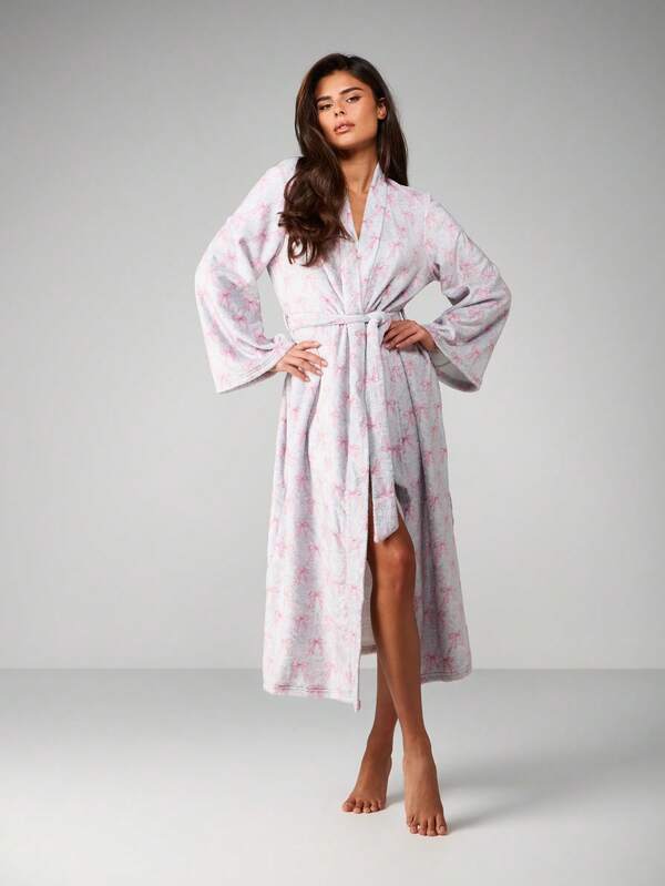 MISSGUIDED Long Sleeve Bow Print Belted Robe