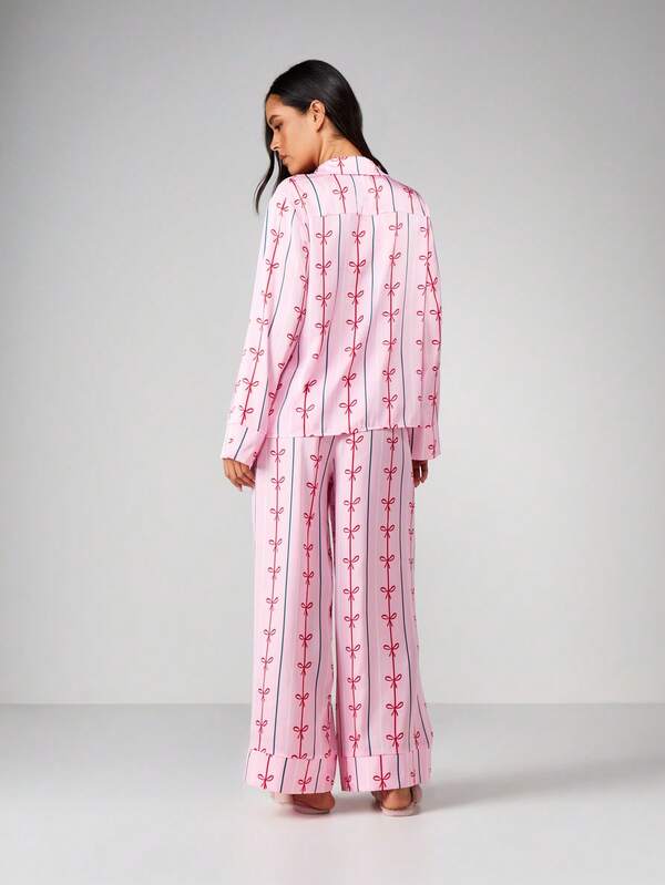 MISSGUIDED Long Sleeve Bow Print Pajama Set With Eye Mask