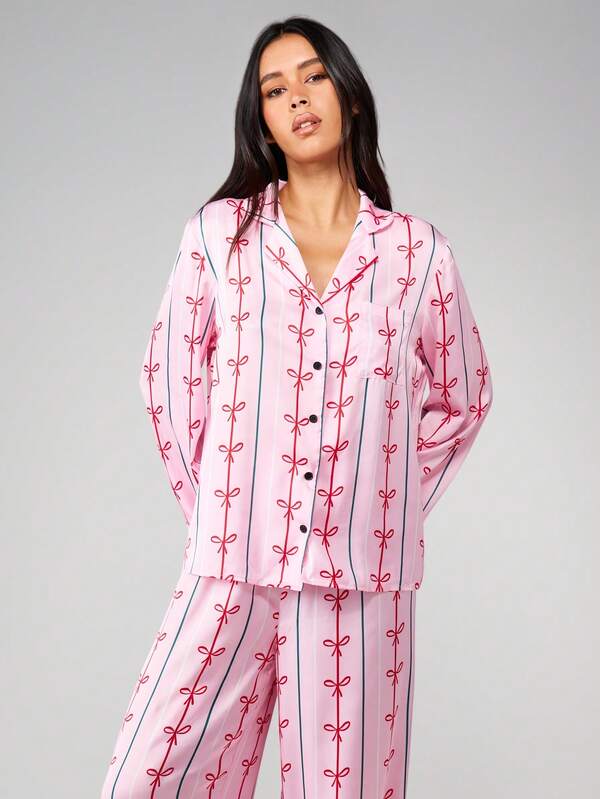 MISSGUIDED Long Sleeve Bow Print Pajama Set With Eye Mask