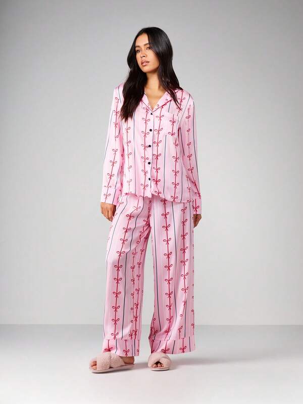 MISSGUIDED Long Sleeve Bow Print Pajama Set With Eye Mask