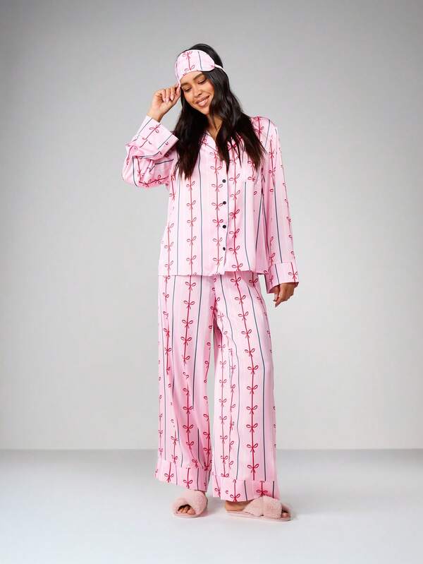 MISSGUIDED Long Sleeve Bow Print Pajama Set With Eye Mask