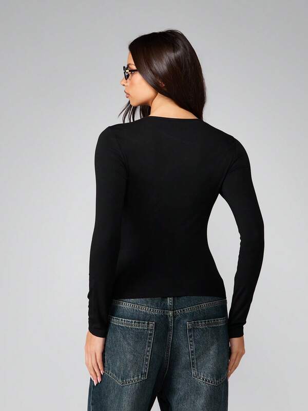 MISSGUIDED Long Sleeve Button Detail Top With Metal Eyelets