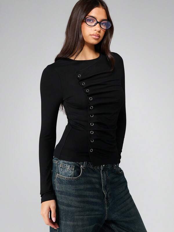 MISSGUIDED Long Sleeve Button Detail Top With Metal Eyelets