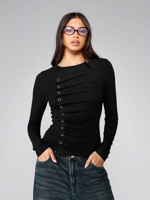 MISSGUIDED Long Sleeve Button Detail Top With Metal Eyelets