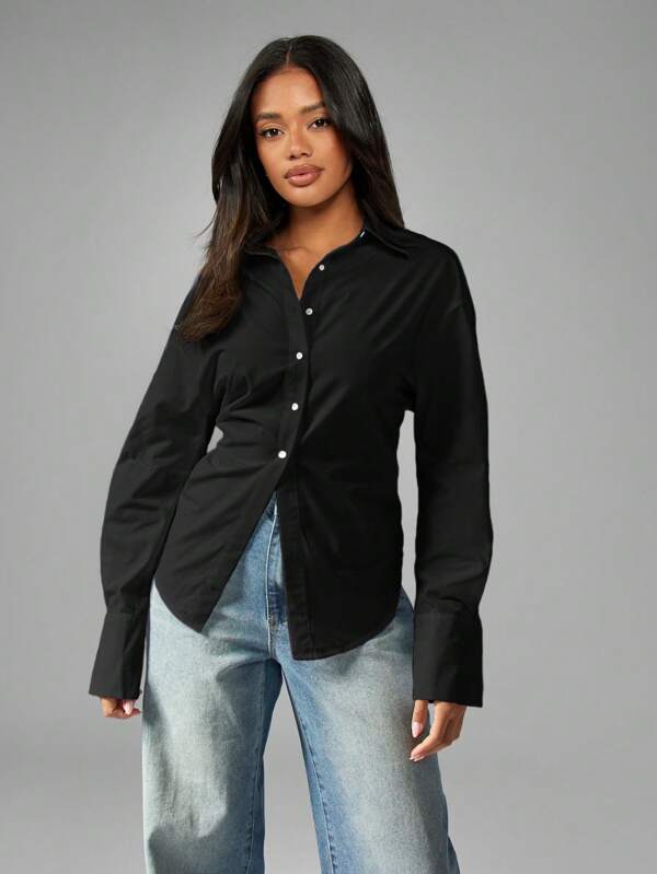 MISSGUIDED Long Sleeve Button Down Cotton Collared Blouse