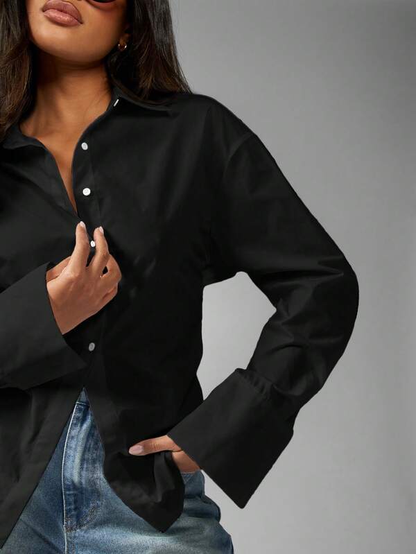 MISSGUIDED Long Sleeve Button Down Cotton Collared Blouse