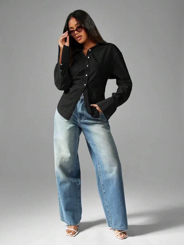 MISSGUIDED Long Sleeve Button Down Cotton Collared Blouse