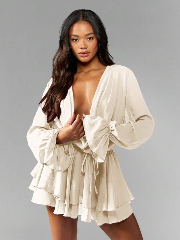 MISSGUIDED Long Sleeve Chiffon Mini Dress With Ruffle Tiers