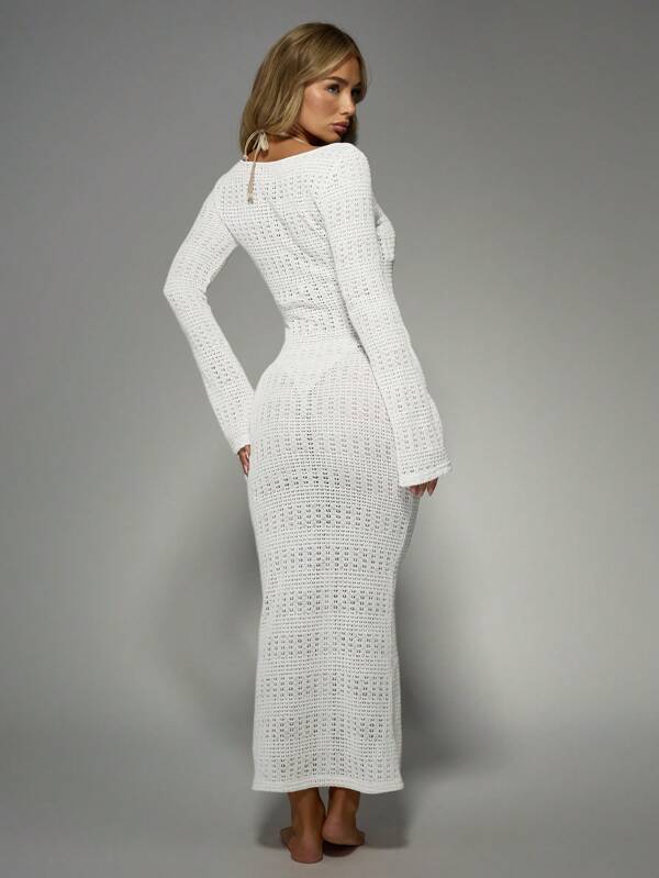 MISSGUIDED Long Sleeve Crochet Knit Full Length Maxi Dress