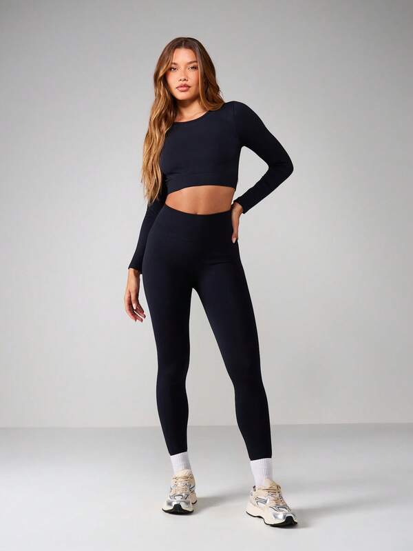 MISSGUIDED Long Sleeve Crop Top With High Waist Leggings Set