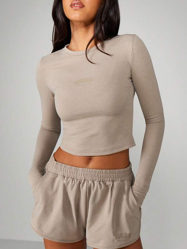 MISSGUIDED Long Sleeve Crop Top With Shorts Set