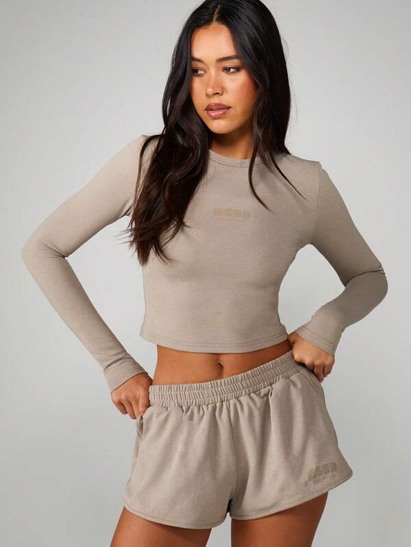 MISSGUIDED Long Sleeve Crop Top With Shorts Set