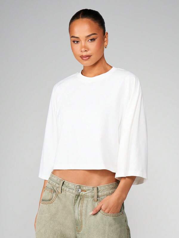 MISSGUIDED Long Sleeve Cropped Crew Neck Top