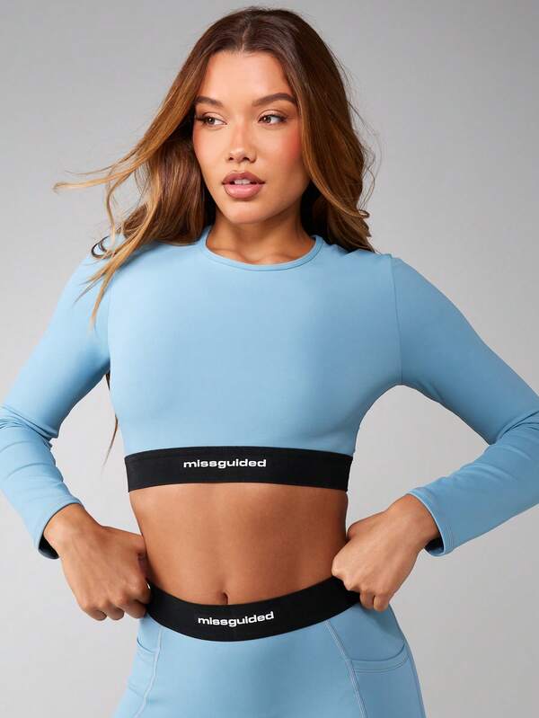 MISSGUIDED Long Sleeve Cropped Top With Logo Waistband