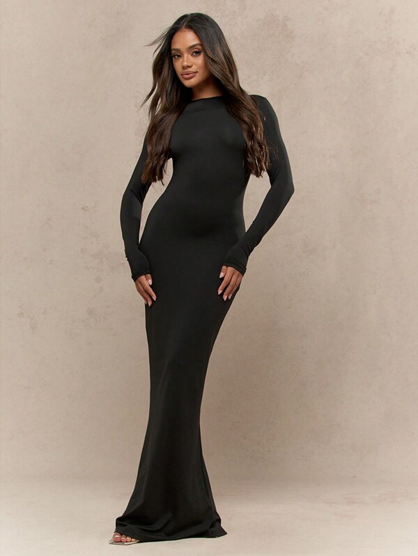 MISSGUIDED Long Sleeve Fitted Maxi Dress With Round Neck