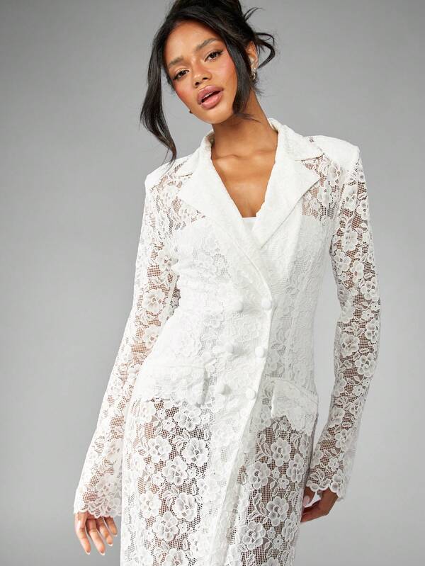 MISSGUIDED Long Sleeve Floor Length Blazer Style Lace Dress