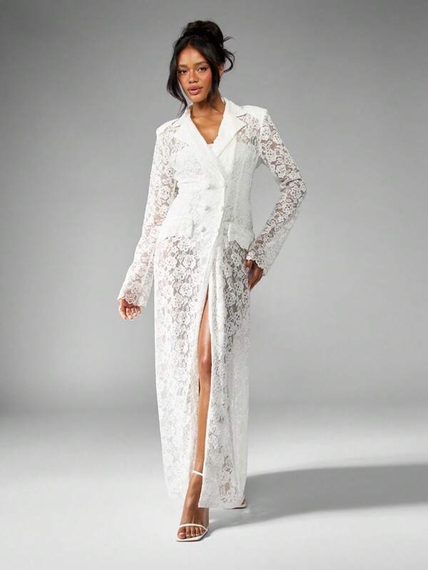 MISSGUIDED Long Sleeve Floor Length Blazer Style Lace Dress
