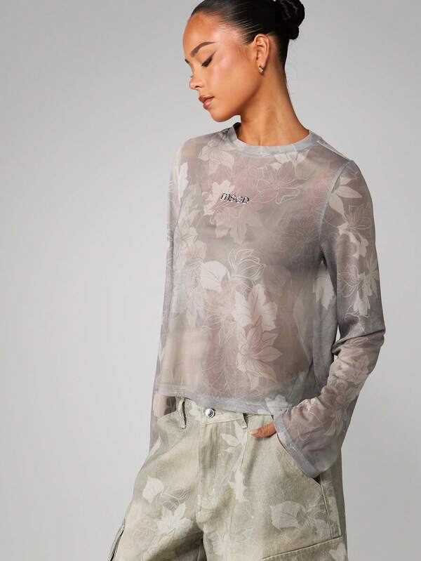 MISSGUIDED Long Sleeve Floral Camouflage Print Top