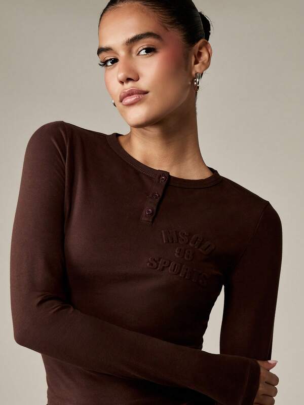 MISSGUIDED Long Sleeve Henley Crop Top With Embossed Logo