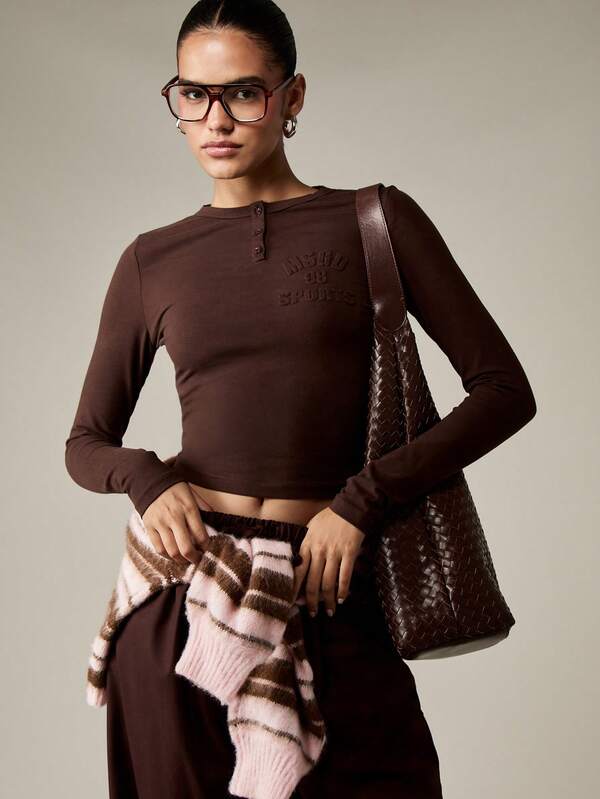 MISSGUIDED Long Sleeve Henley Crop Top With Embossed Logo