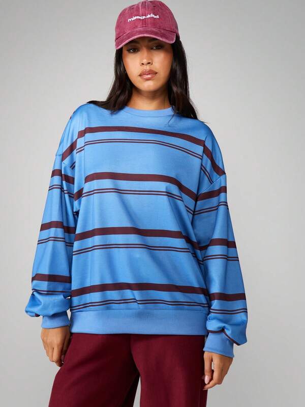 MISSGUIDED Long Sleeve Horizontal Striped Pullover Sweatshirt
