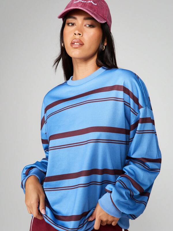 MISSGUIDED Long Sleeve Horizontal Striped Pullover Sweatshirt