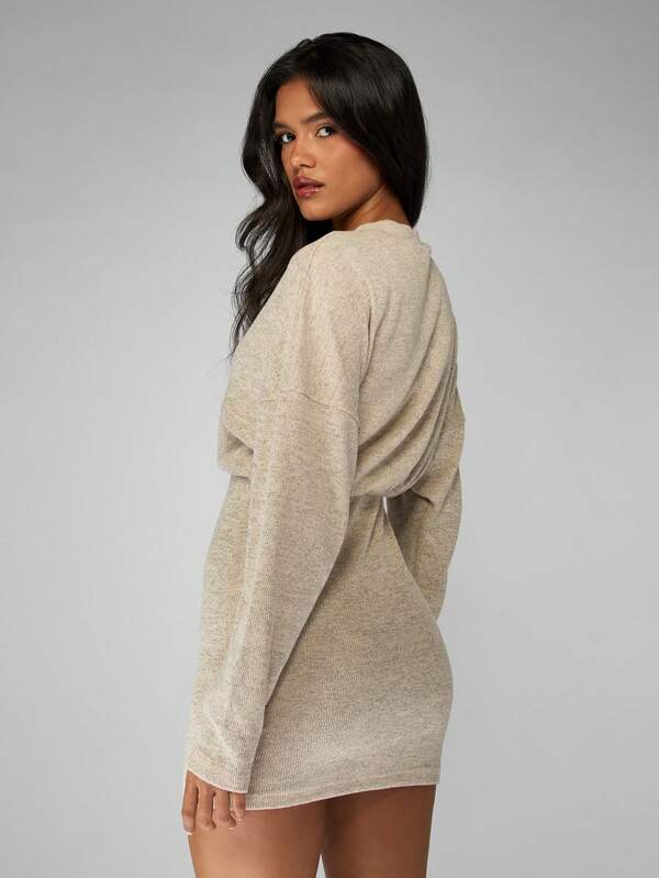 MISSGUIDED Long Sleeve Knitted Mini Dress Elegant Ribbed Sweater Dress Winter Layering Fall Party Club Night Out Modern Fashion