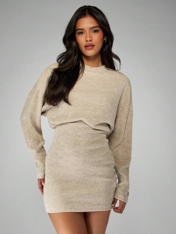 MISSGUIDED Long Sleeve Knitted Mini Dress Elegant Ribbed Sweater Dress Winter Layering Fall Party Club Night Out Modern Fashion