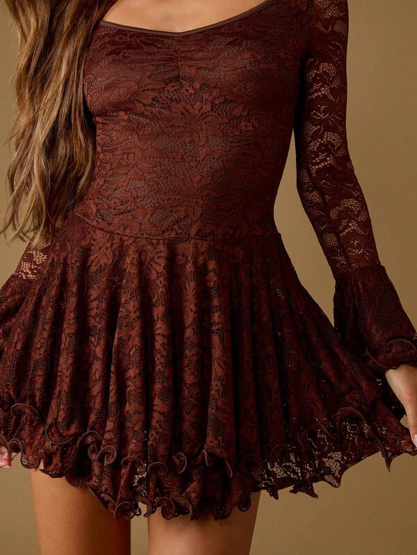 MISSGUIDED Long Sleeve Lace Mini Dress With Ruffle Hem