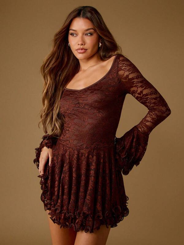 MISSGUIDED Long Sleeve Lace Mini Dress With Ruffle Hem
