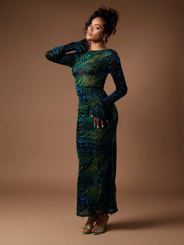 MISSGUIDED Long Sleeve Mesh Bodycon Maxi Dress