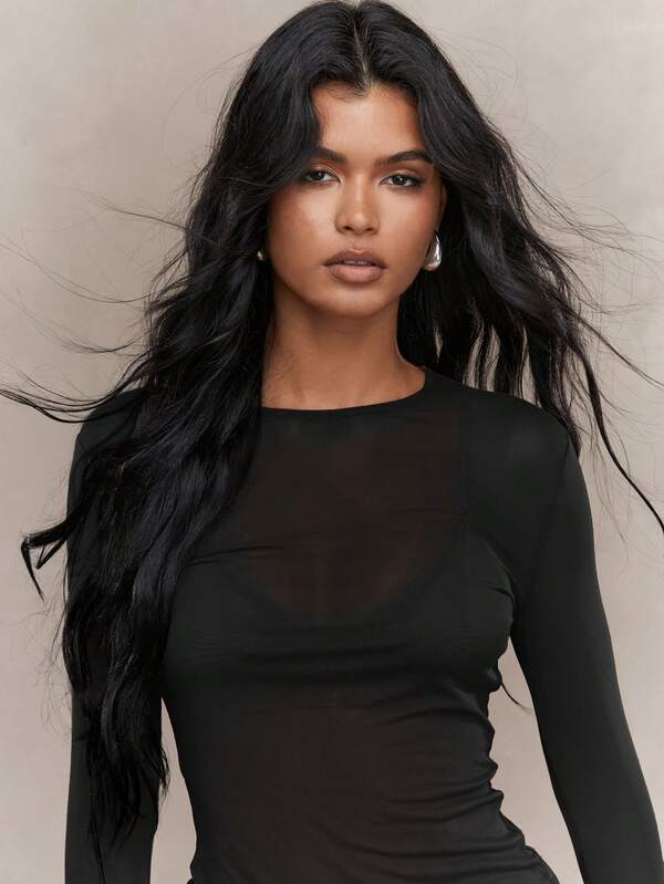 MISSGUIDED Long Sleeve Mesh Top With Fitted Design