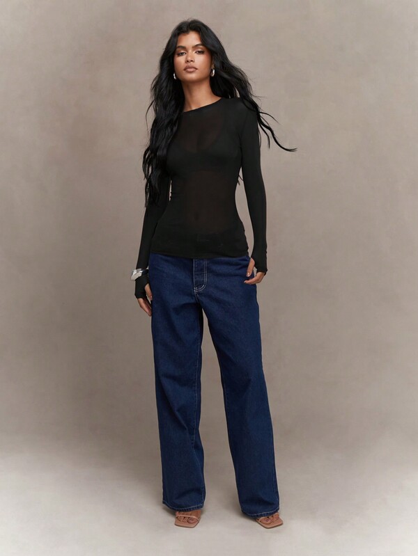 MISSGUIDED Long Sleeve Mesh Top With Fitted Design