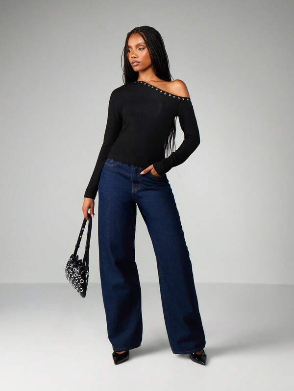 MISSGUIDED Long Sleeve Off Shoulder Eyelet Ribbed Top