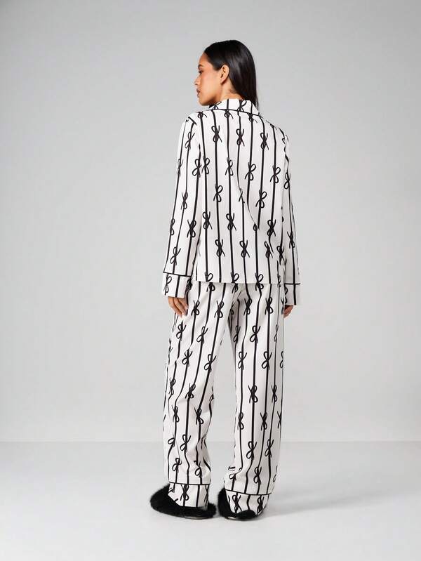 MISSGUIDED Long Sleeve Pajama Set With Bow Print